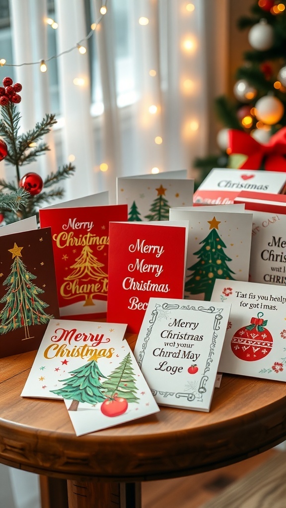 A collection of colorful Christmas cards with festive designs and sayings on a wooden table with fairy lights.